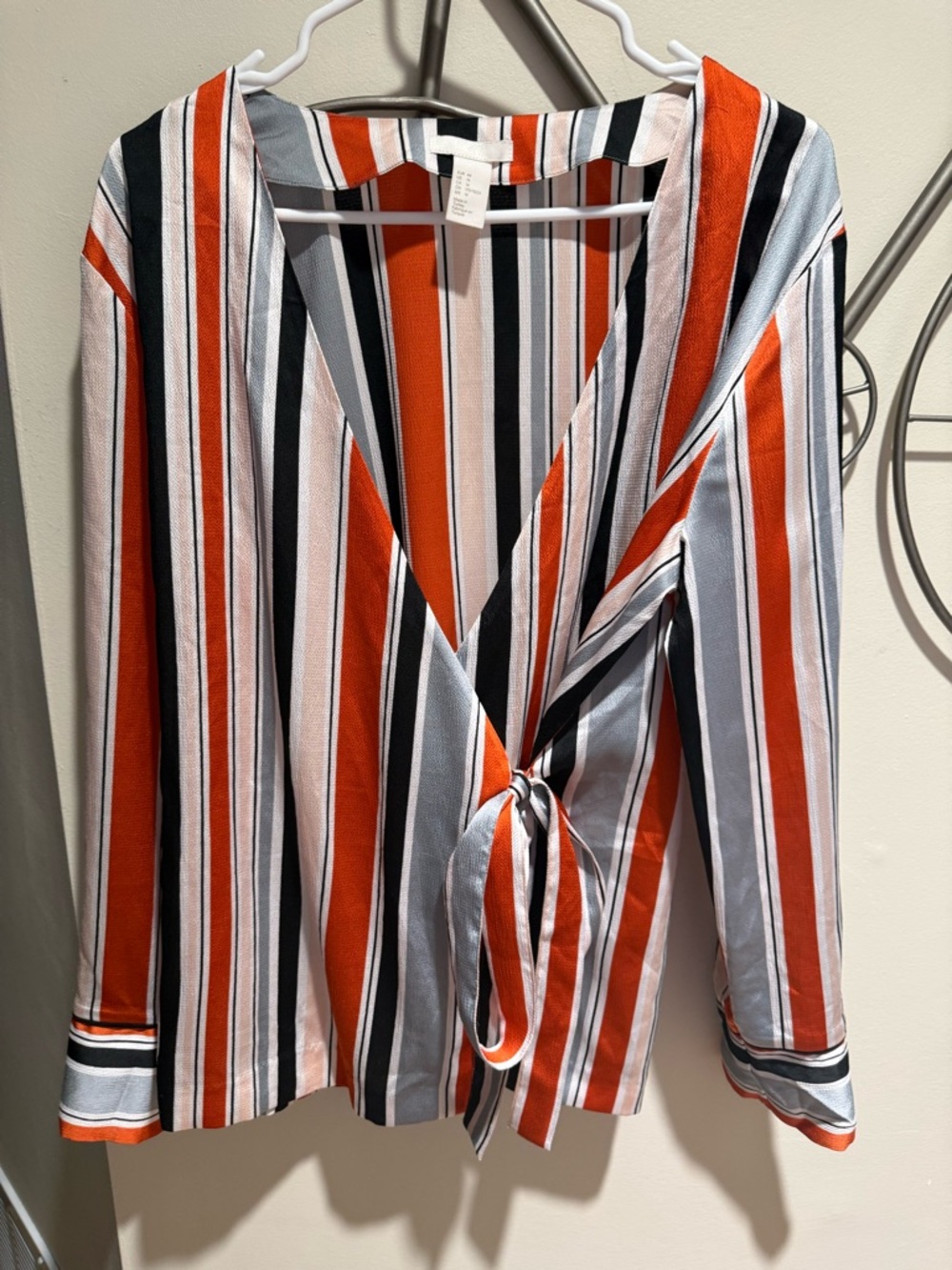 H&M Striped Tie-Front Long Sleeve Top - Orange, Black & White Size 14